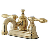 Tudor Double-Handle 3-Hole Deck Mount 4-Inch Centerset Bathroom Faucet with Brass Pop-Up