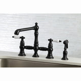 English Country Two-Handle 4-Hole Deck Mount Bridge Kitchen Faucet with Brass Side Sprayer