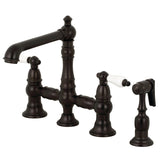 English Country Two-Handle 4-Hole Deck Mount Bridge Kitchen Faucet with Brass Side Sprayer