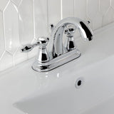 Tudor Double-Handle 3-Hole Deck Mount 4-Inch Centerset Bathroom Faucet with Brass Pop-Up