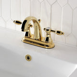 Tudor Double-Handle 3-Hole Deck Mount 4-Inch Centerset Bathroom Faucet with Brass Pop-Up