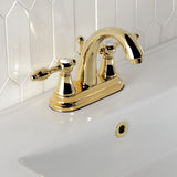 Tudor Double-Handle 3-Hole Deck Mount 4-Inch Centerset Bathroom Faucet with Brass Pop-Up