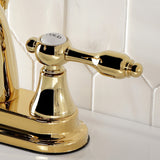 Tudor Double-Handle 3-Hole Deck Mount 4-Inch Centerset Bathroom Faucet with Brass Pop-Up