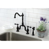 English Country Two-Handle 3-Hole Deck Mount Bridge Kitchen Faucet with Brass Side Sprayer