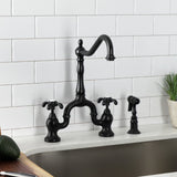 French Country Two-Handle 3-Hole Deck Mount Bridge Kitchen Faucet with Brass Side Sprayer