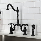 French Country Two-Handle 3-Hole Deck Mount Bridge Kitchen Faucet with Brass Side Sprayer