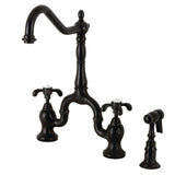 French Country Two-Handle 3-Hole Deck Mount Bridge Kitchen Faucet with Brass Side Sprayer