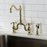 French Country Two-Handle 3-Hole Deck Mount Bridge Kitchen Faucet with Brass Side Sprayer