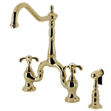 French Country Two-Handle 3-Hole Deck Mount Bridge Kitchen Faucet with Brass Side Sprayer