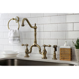 English Country Two-Handle 3-Hole Deck Mount Bridge Kitchen Faucet with Brass Side Sprayer