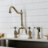 English Country Two-Handle 3-Hole Deck Mount Bridge Kitchen Faucet with Brass Side Sprayer