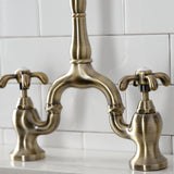 French Country Two-Handle 3-Hole Deck Mount Bridge Kitchen Faucet with Brass Side Sprayer