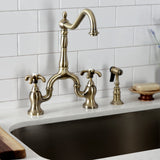 French Country Two-Handle 3-Hole Deck Mount Bridge Kitchen Faucet with Brass Side Sprayer