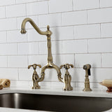 French Country Two-Handle 3-Hole Deck Mount Bridge Kitchen Faucet with Brass Side Sprayer