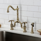 French Country Two-Handle 3-Hole Deck Mount Bridge Kitchen Faucet with Brass Side Sprayer