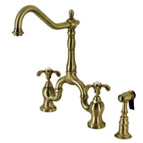 French Country Two-Handle 3-Hole Deck Mount Bridge Kitchen Faucet with Brass Side Sprayer