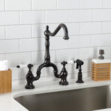 English Country Two-Handle 3-Hole Deck Mount Bridge Kitchen Faucet with Brass Side Sprayer