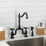 French Country Two-Handle 3-Hole Deck Mount Bridge Kitchen Faucet with Brass Side Sprayer