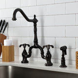 French Country Two-Handle 3-Hole Deck Mount Bridge Kitchen Faucet with Brass Side Sprayer