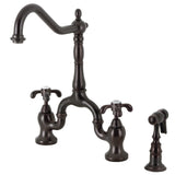 French Country Two-Handle 3-Hole Deck Mount Bridge Kitchen Faucet with Brass Side Sprayer