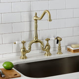 English Country Two-Handle 3-Hole Deck Mount Bridge Kitchen Faucet with Brass Side Sprayer