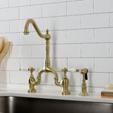 English Country Two-Handle 3-Hole Deck Mount Bridge Kitchen Faucet with Brass Side Sprayer