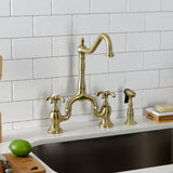 French Country Two-Handle 3-Hole Deck Mount Bridge Kitchen Faucet with Brass Side Sprayer