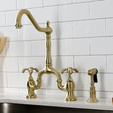 French Country Two-Handle 3-Hole Deck Mount Bridge Kitchen Faucet with Brass Side Sprayer