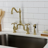 French Country Two-Handle 3-Hole Deck Mount Bridge Kitchen Faucet with Brass Side Sprayer