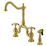 French Country Two-Handle 3-Hole Deck Mount Bridge Kitchen Faucet with Brass Side Sprayer