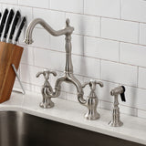 French Country Two-Handle 3-Hole Deck Mount Bridge Kitchen Faucet with Brass Side Sprayer