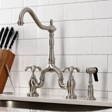 French Country Two-Handle 3-Hole Deck Mount Bridge Kitchen Faucet with Brass Side Sprayer