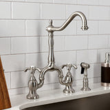 French Country Two-Handle 3-Hole Deck Mount Bridge Kitchen Faucet with Brass Side Sprayer