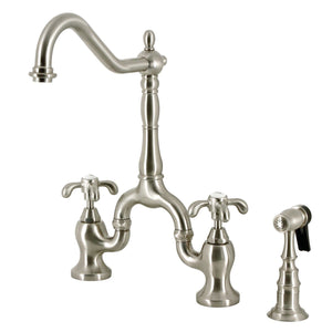 French Country Two-Handle 3-Hole Deck Mount Bridge Kitchen Faucet with Brass Side Sprayer