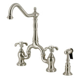 French Country Two-Handle 3-Hole Deck Mount Bridge Kitchen Faucet with Brass Side Sprayer