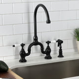 English Country Two-Handle 3-Hole Deck Mount Bridge Kitchen Faucet with Brass Side Sprayer