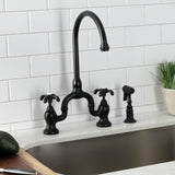 French Country Two-Handle 3-Hole Deck Mount Bridge Kitchen Faucet with Brass Side Sprayer