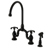 French Country Two-Handle 3-Hole Deck Mount Bridge Kitchen Faucet with Brass Side Sprayer