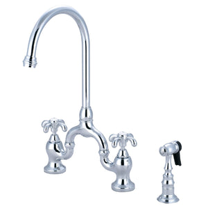 French Country Two-Handle 3-Hole Deck Mount Bridge Kitchen Faucet with Brass Side Sprayer