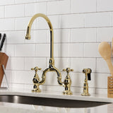 English Country Two-Handle 3-Hole Deck Mount Bridge Kitchen Faucet with Brass Side Sprayer