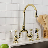 English Country Two-Handle 3-Hole Deck Mount Bridge Kitchen Faucet with Brass Side Sprayer