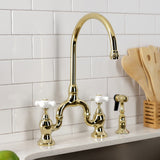 English Country Two-Handle 3-Hole Deck Mount Bridge Kitchen Faucet with Brass Side Sprayer