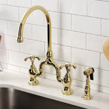 French Country Two-Handle 3-Hole Deck Mount Bridge Kitchen Faucet with Brass Side Sprayer