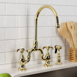 French Country Two-Handle 3-Hole Deck Mount Bridge Kitchen Faucet with Brass Side Sprayer