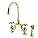 French Country Two-Handle 3-Hole Deck Mount Bridge Kitchen Faucet with Brass Side Sprayer