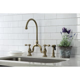 English Country Two-Handle 3-Hole Deck Mount Bridge Kitchen Faucet with Brass Side Sprayer