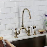 English Country Two-Handle 3-Hole Deck Mount Bridge Kitchen Faucet with Brass Side Sprayer