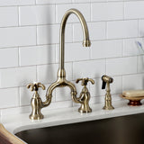 French Country Two-Handle 3-Hole Deck Mount Bridge Kitchen Faucet with Brass Side Sprayer