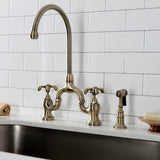 French Country Two-Handle 3-Hole Deck Mount Bridge Kitchen Faucet with Brass Side Sprayer