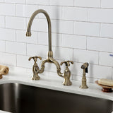 French Country Two-Handle 3-Hole Deck Mount Bridge Kitchen Faucet with Brass Side Sprayer